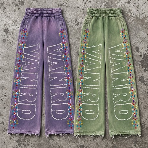 Custom Wide Leg Sweatpants with Rhinestone Details and Raw Hem