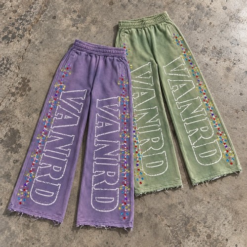 Custom Wide Leg Sweatpants with Rhinestone Details and Raw Hem
