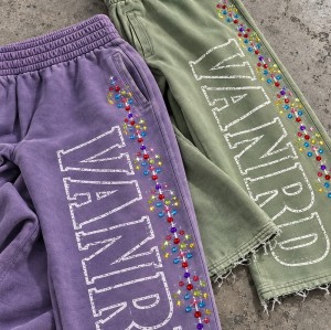 Custom Wide Leg Sweatpants with Rhinestone Details and Raw Hem