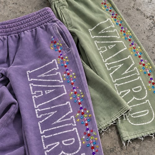 Custom Wide Leg Sweatpants with Rhinestone Details and Raw Hem