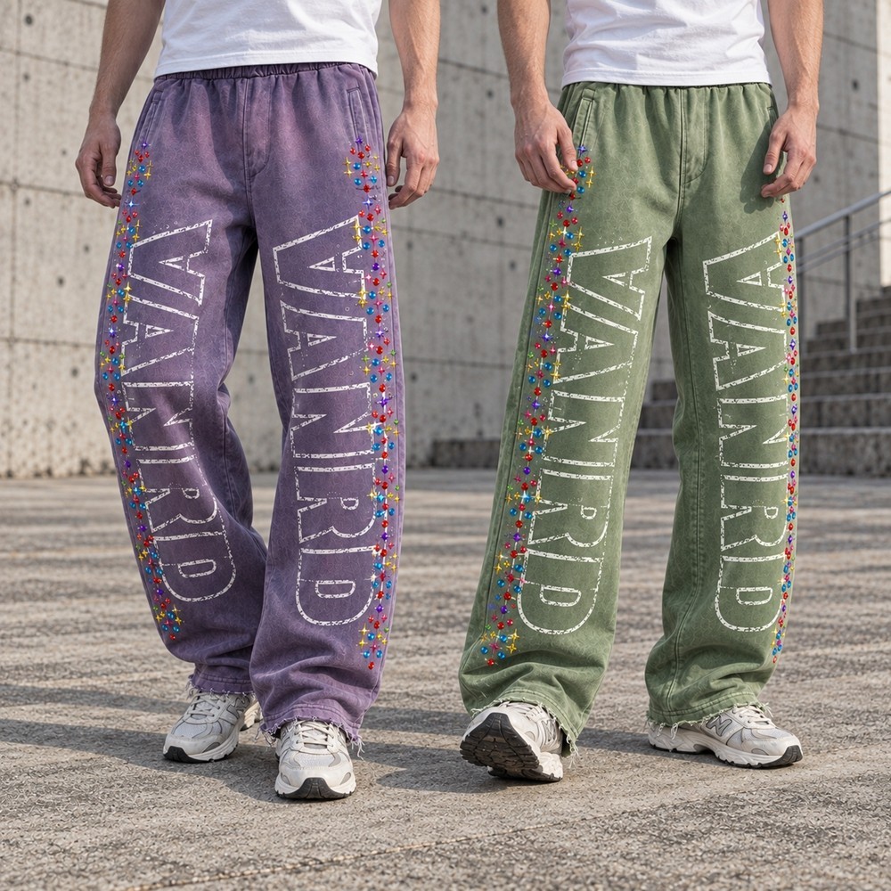 Custom Wide Leg Sweatpants with Rhinestone Details and Raw Hem