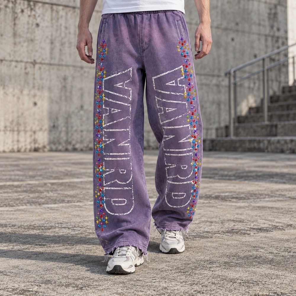 Custom Wide Leg Sweatpants with Rhinestone Details and Raw Hem