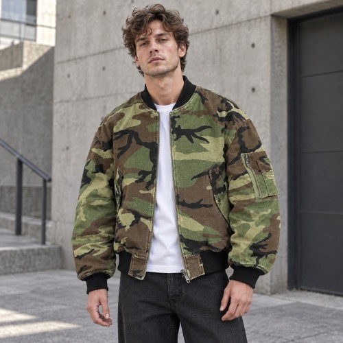 Custom Camo Jacket in Woodland Print with Black Ribbed Trims