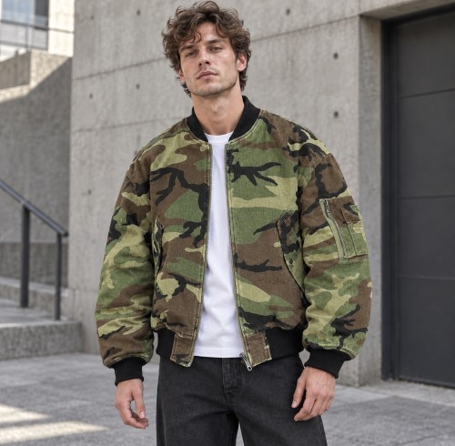 Custom Camo Jacket in Woodland Print with Black Ribbed Trims