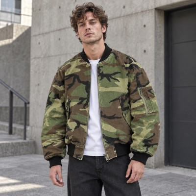 Custom Camo Jacket in Woodland Print with Black Ribbed Trims