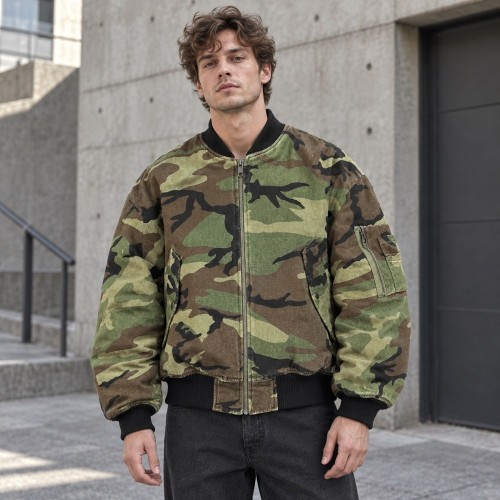 Custom Camo Jacket in Woodland Print with Black Ribbed Trims