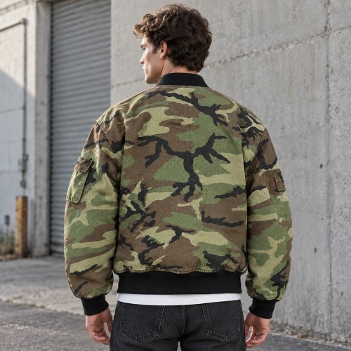 Custom Camo Jacket in Woodland Print with Black Ribbed Trims