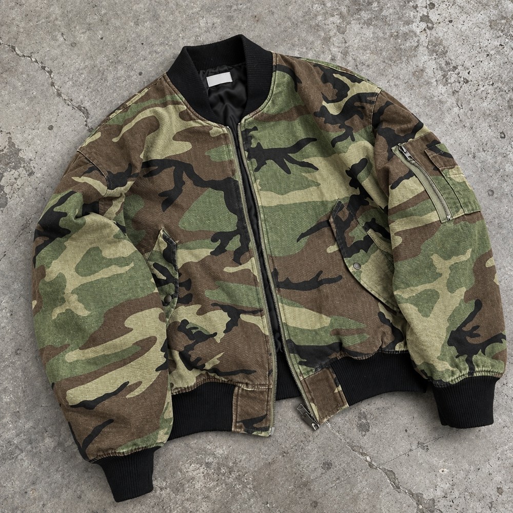 Custom Camo Jacket in Woodland Print with Black Ribbed Trims