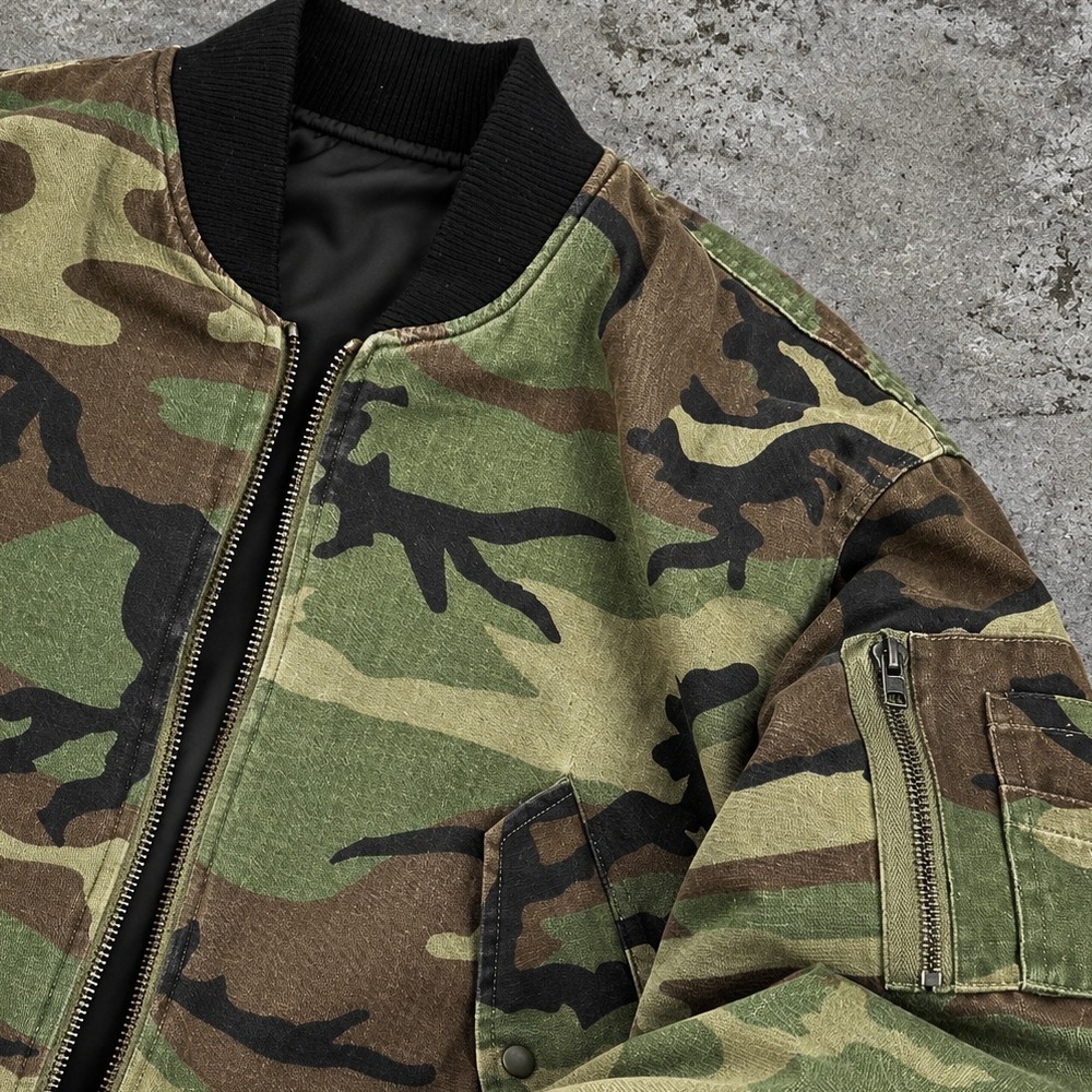 Custom Camo Jacket in Woodland Print with Black Ribbed Trims