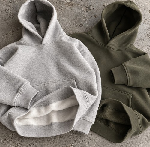 Custom Pullover Hoodies in Heather Grey and Olive Fleece