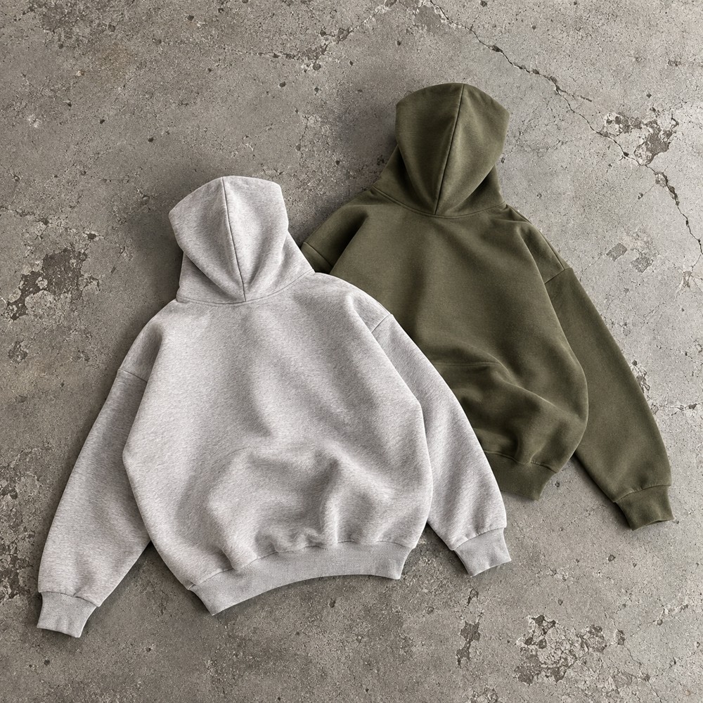 Custom Pullover Hoodies in Heather Grey and Olive Fleece