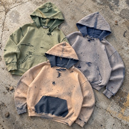 Custom Acid Wash Hoodie with Distressed Raw Edges and Hem
