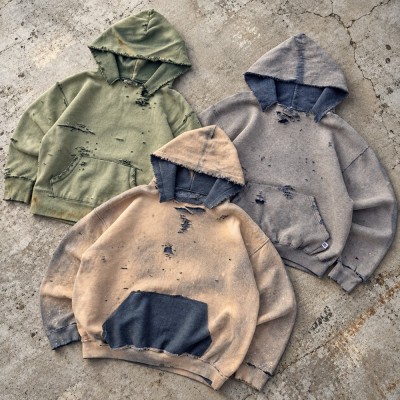 Custom Acid Wash Hoodie with Distressed Raw Edges and Hem