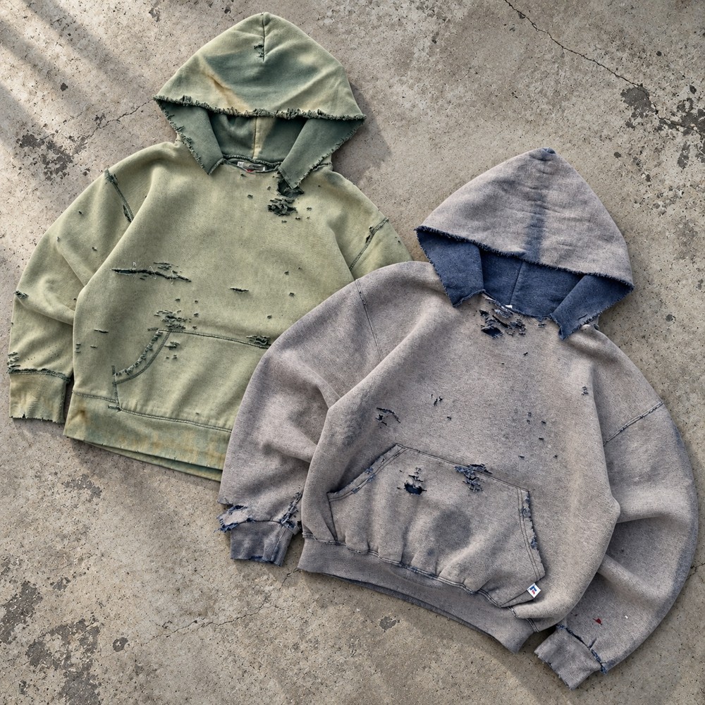 Custom Acid Wash Hoodie with Distressed Raw Edges and Hem