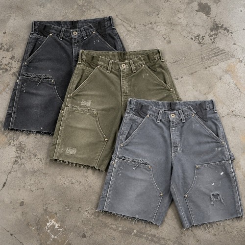 Custom Work Shorts in Washed Olive with Double Knee Panels