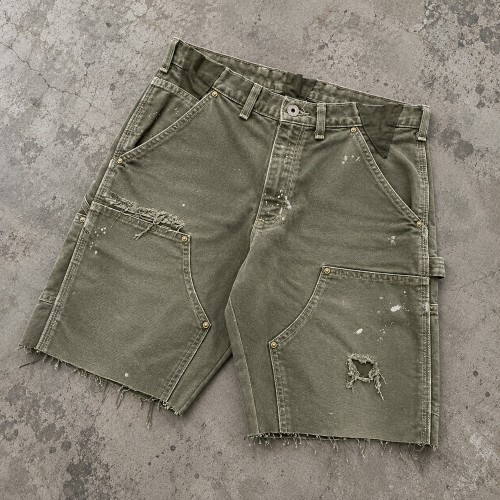 Custom Work Shorts in Washed Olive with Double Knee Panels