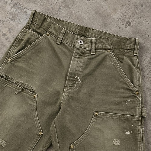 Custom Work Shorts in Washed Olive with Double Knee Panels