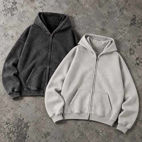 Custom Zip Hoodie in Washed Brick Red and Blue Grey Fleece