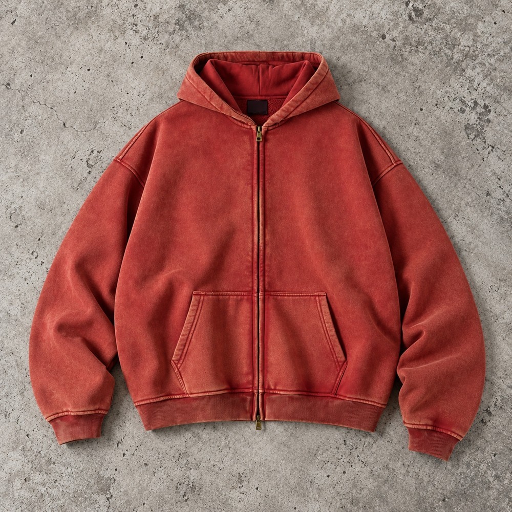 Custom Zip Hoodie in Washed Brick Red and Blue Grey Fleece