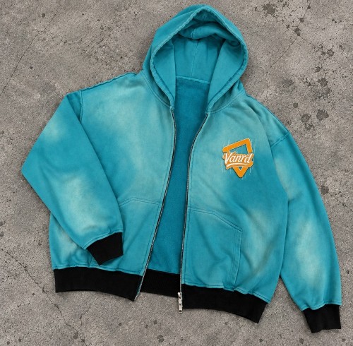 Custom Embroidered Zip Up Hoodies in Blue Acid Wash Fleece