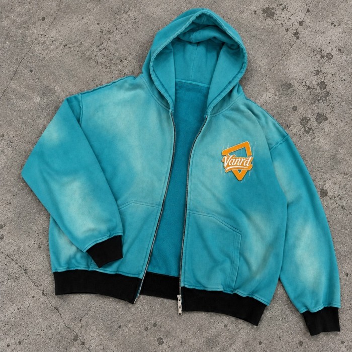 Custom Embroidered Zip Up Hoodies in Blue Acid Wash Fleece