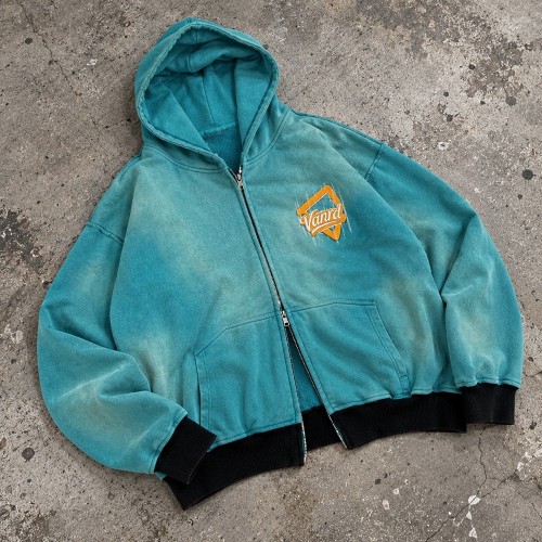 Custom Embroidered Zip Up Hoodies in Blue Acid Wash Fleece