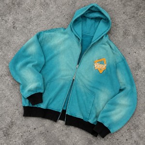 Custom Embroidered Zip Up Hoodies in Blue Acid Wash Fleece
