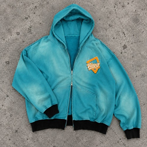 Custom Embroidered Zip Up Hoodies in Blue Acid Wash Fleece