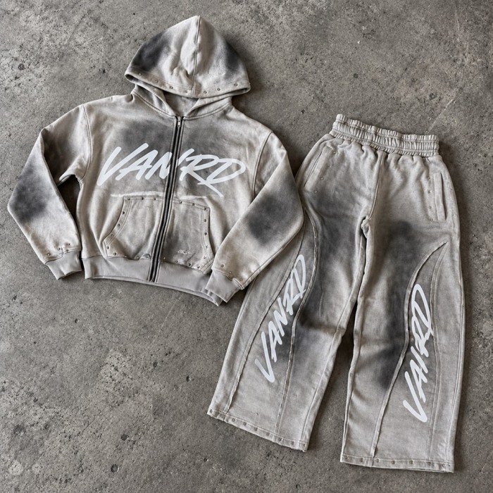 Custom Tracksuits in Washed Grey Fleece with Studded Detail