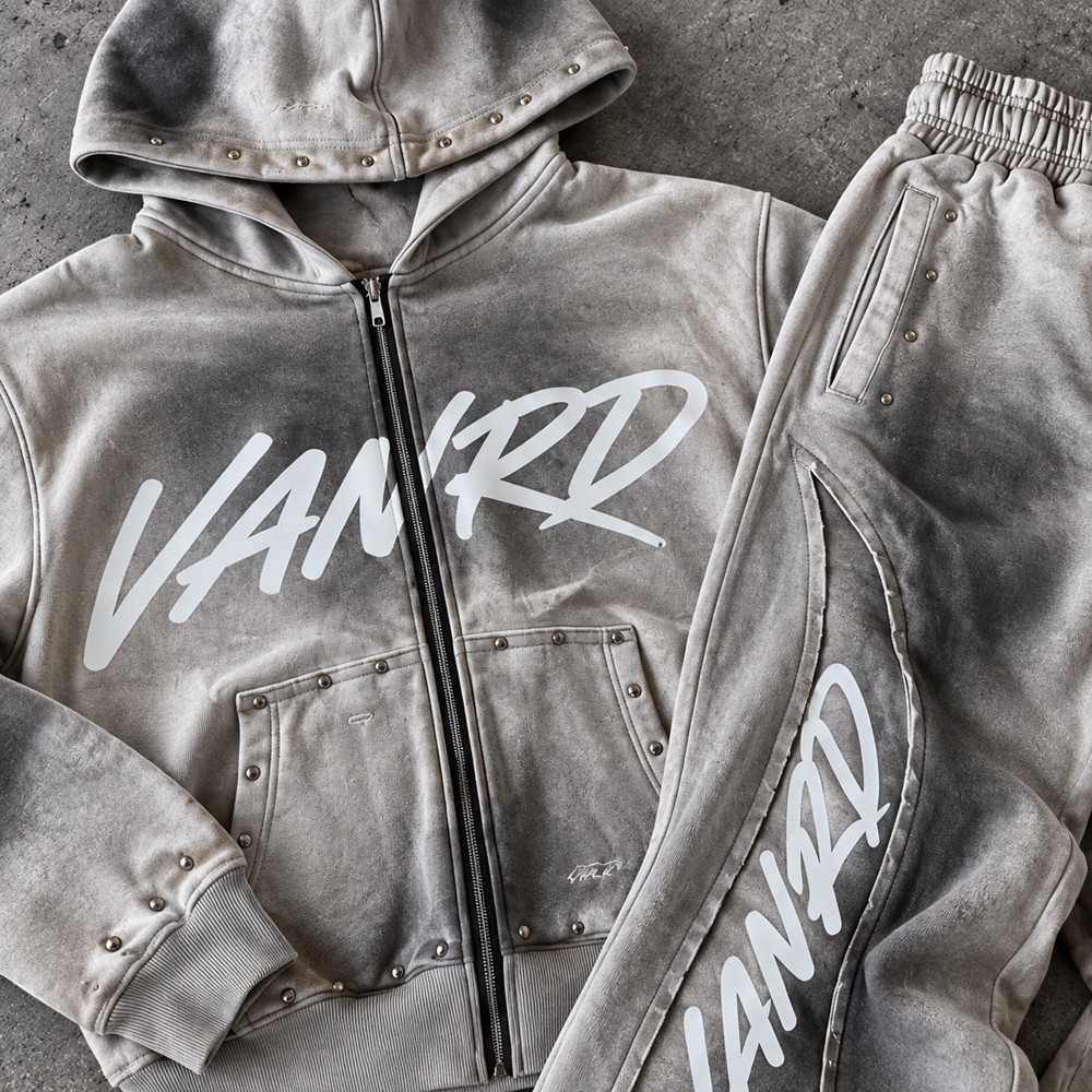Custom Tracksuits in Washed Grey Fleece with Studded Detail