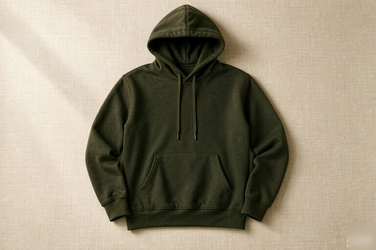 A single deep olive custom heavyweight pullover hoodie laid flat on a warm cream linen surface, its hood rolled full, drawcords hanging straight and ribbed cuffs reading thick