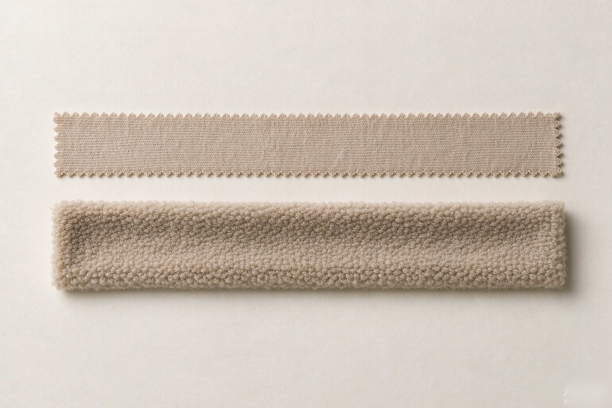 A garment factory fabric reference board on a white table holding two long narrow heather gray knit strips with pinked edges, the upper strip a thin flat knit and the lower strip thicker and loftier
