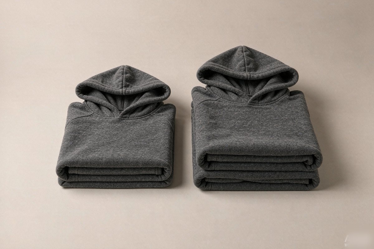 Two custom fleece hoodies folded into neat identical stacks side by side on a warm greige surface, the right stack visibly taller and thicker than the left in the same charcoal gray color