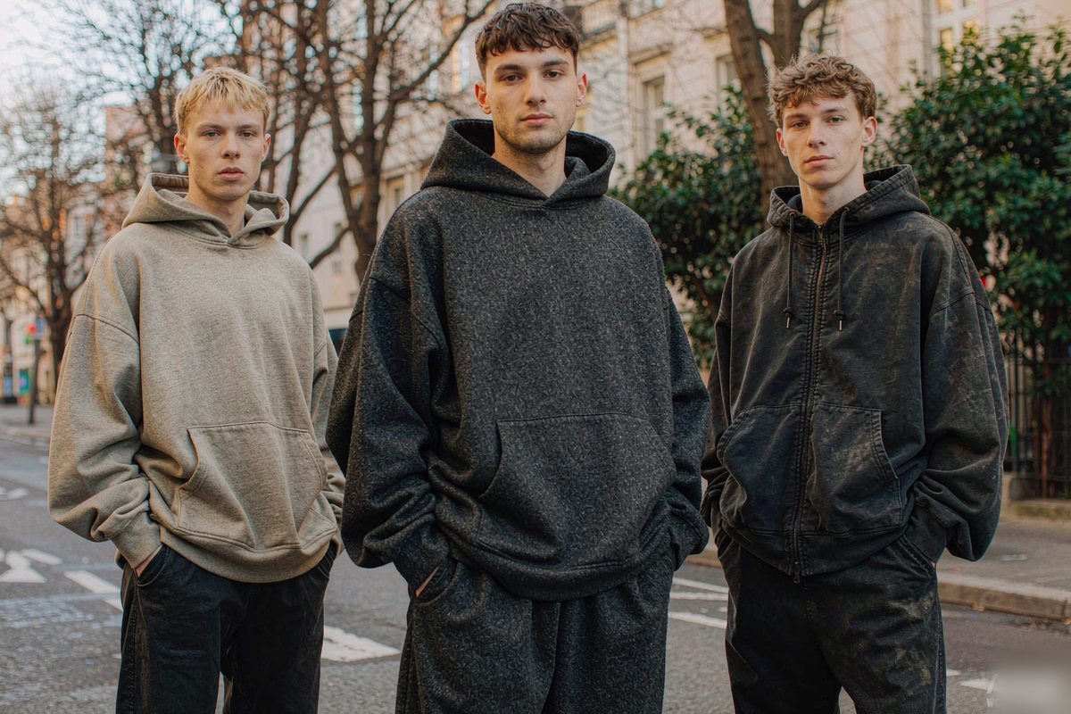 Three models with light European features standing together on a city street in late autumn, each wearing a different oversized custom heavyweight hoodie in charcoal, oatmeal and washed black