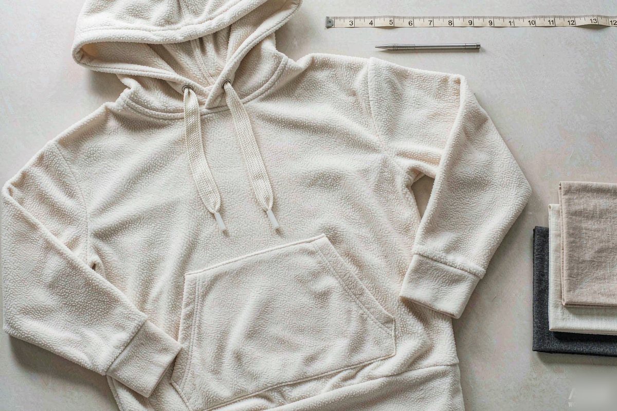 A custom hoodie laid flat on a garment sampling workbench with a measuring tape laid along the chest, a balance scale and a small stack of fabric swatch strips