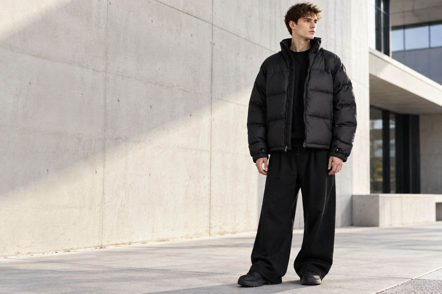 Editorial illustration of a streetwear model in a matte black oversized quilted puffer jacket outside a modern concrete building