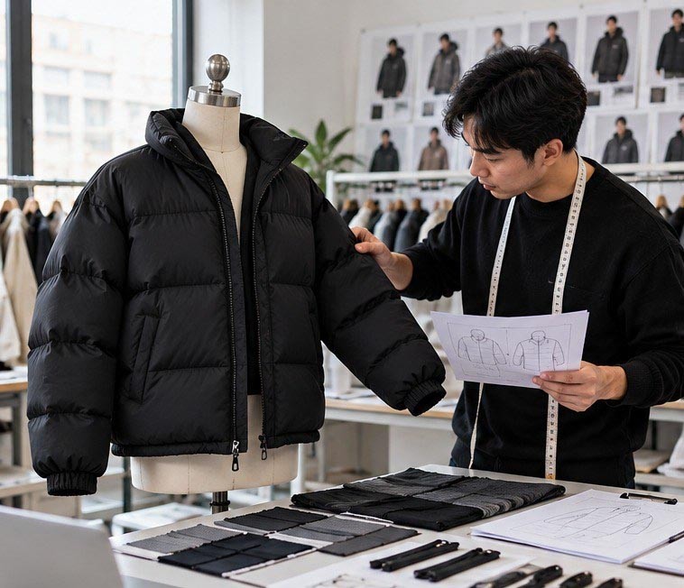 Illustrative Chinese apparel developer reviewing sleeve fit of a black puffer jacket on a mannequin beside a tech pack and fabric swatches