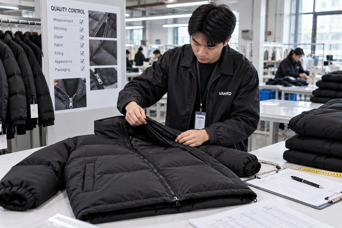 Close-up reference for black puffer jacket zipper, quilted insulation chambers and nylon shell fabric