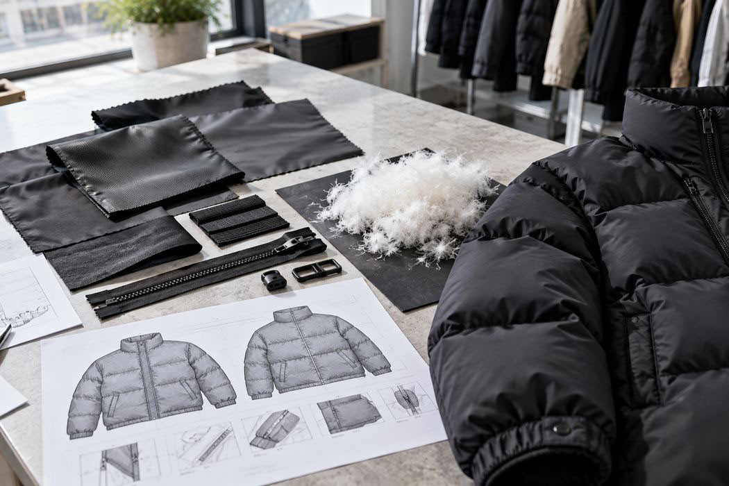 Illustrative Chinese garment quality control inspector checking the zipper, seams and construction of a black quilted puffer jacket