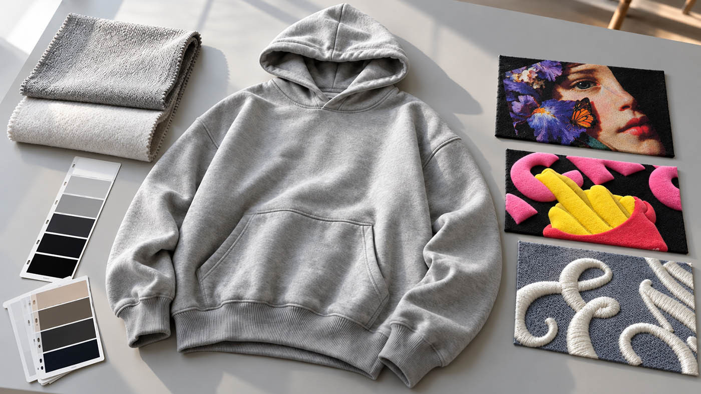 Illustrative apparel design flat lay with gray hoodie, fabric swatches, color samples and example raised and stitched logo surfaces