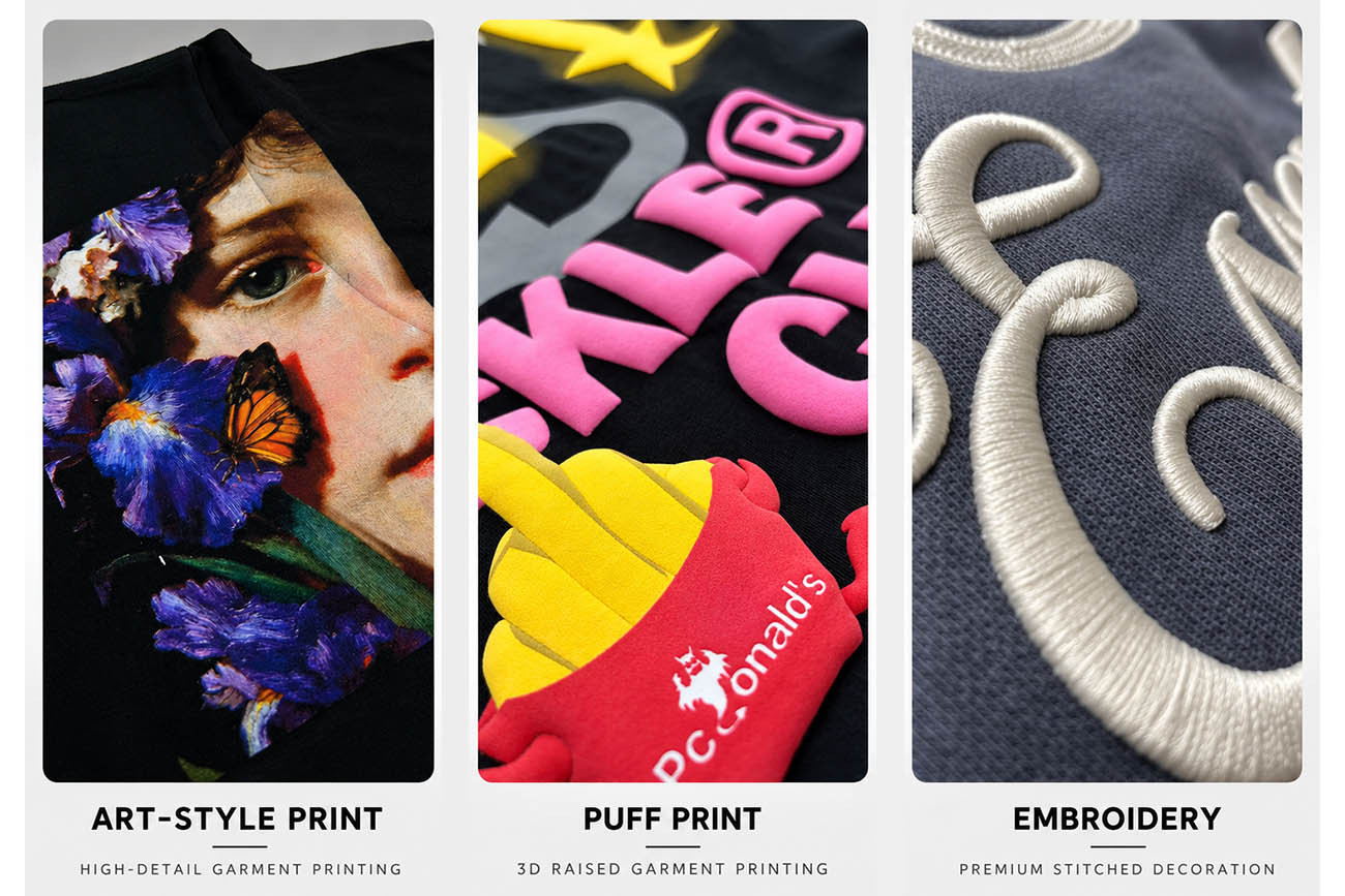 Illustrative close-up comparison of a smooth white printed V logo, a raised white puff printed V and a white satin-stitch embroidered V on dark hoodie fabric
