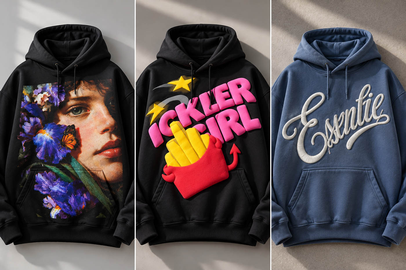 Illustrative flat lay of three charcoal custom hoodies with the same white V logo in standard screen print, raised puff print and embroidery