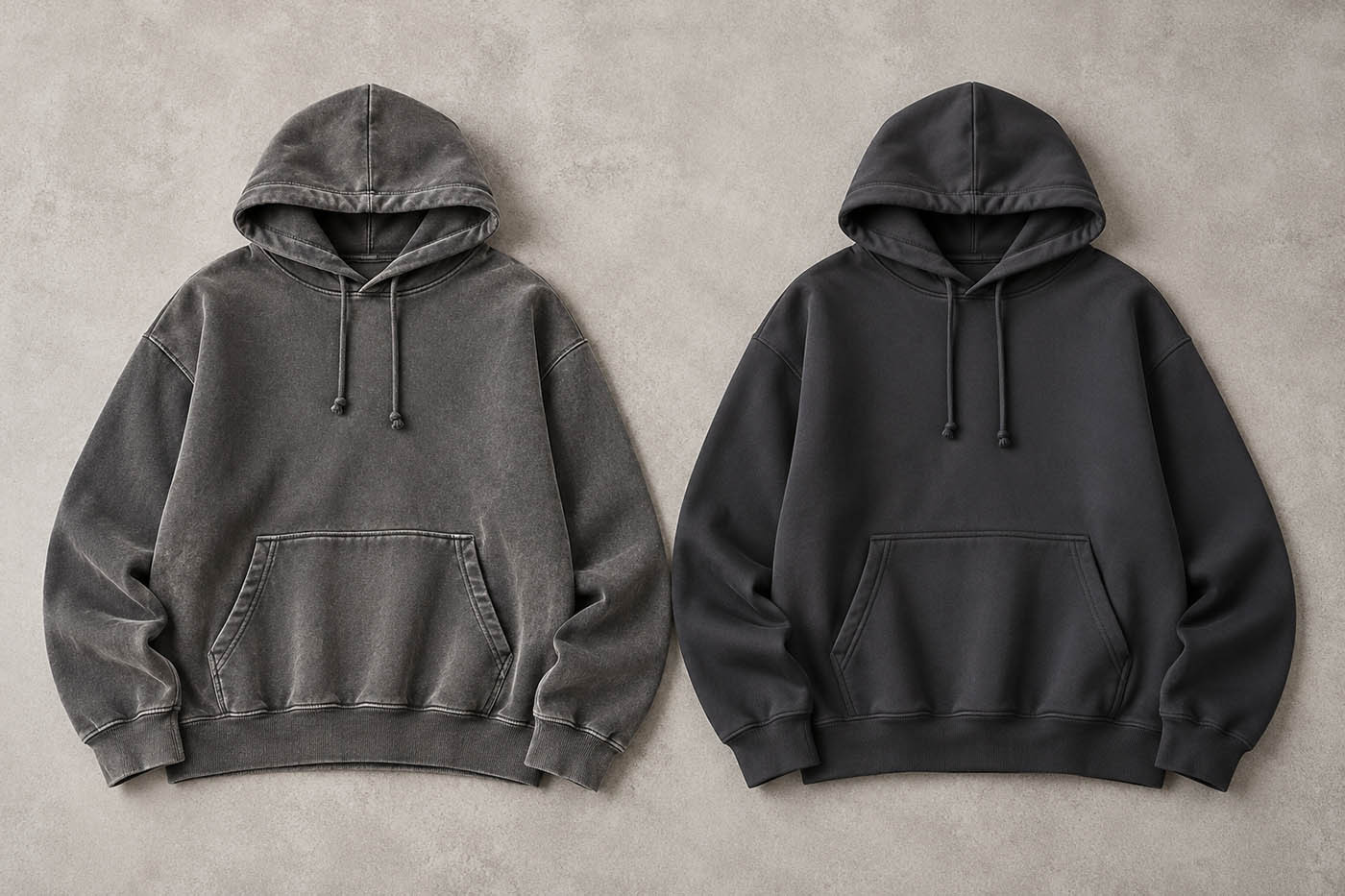 Illustrative comparison of a faded vintage-style charcoal hoodie and a cleaner uniform charcoal hoodie