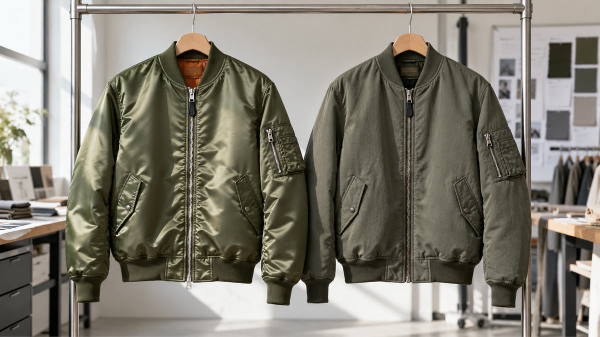 Illustrative visual comparison of two olive bomber jackets: one more reflective satin-style shell, one matte textured shell