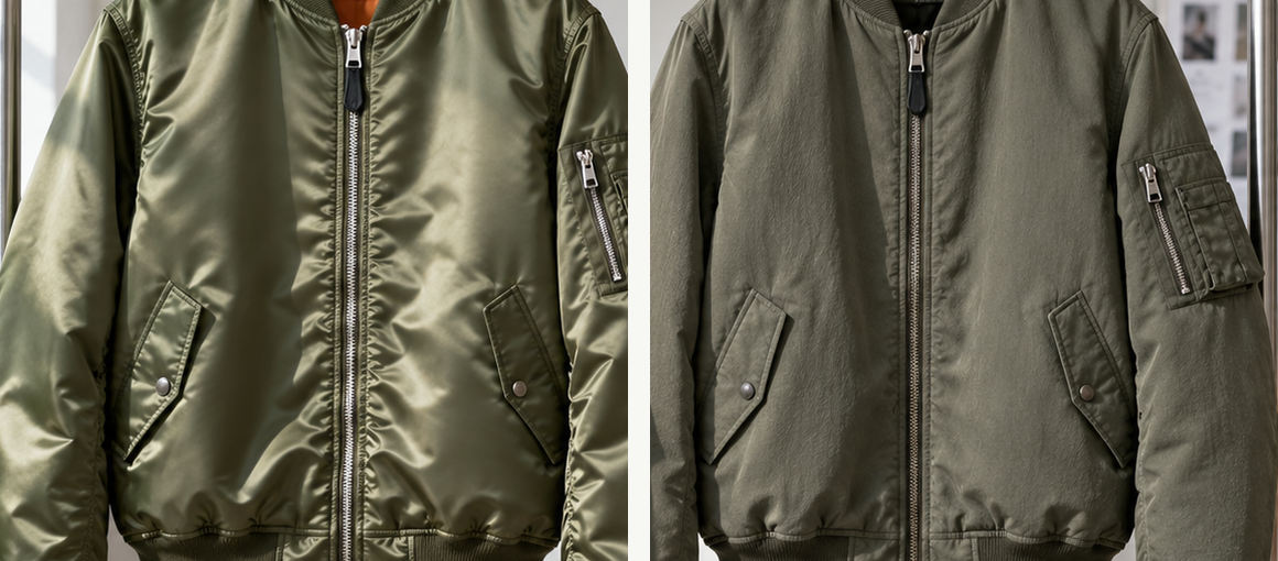 Close-up illustration of bomber jacket collar, front zipper, rib trims and sleeve construction on shiny and matte shell variations