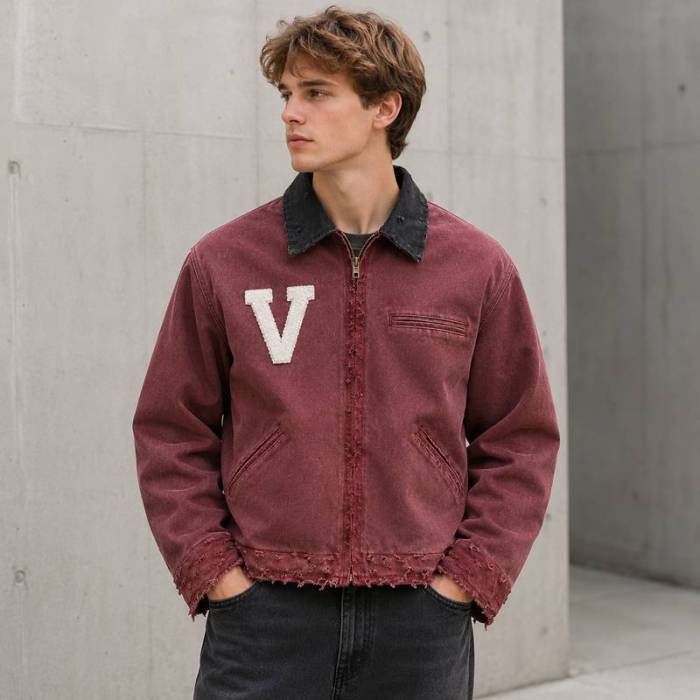 Custom Varsity Jacket in Washed Burgundy Canvas with Chenille Patch