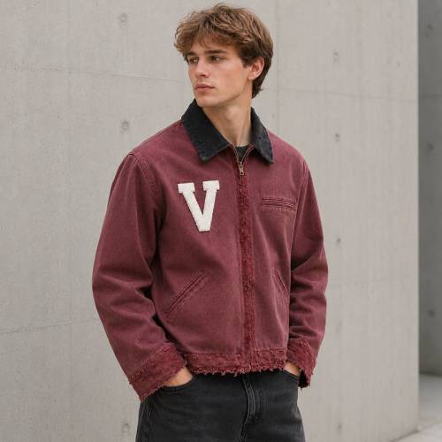 Custom Varsity Jacket in Washed Burgundy Canvas with Chenille Patch