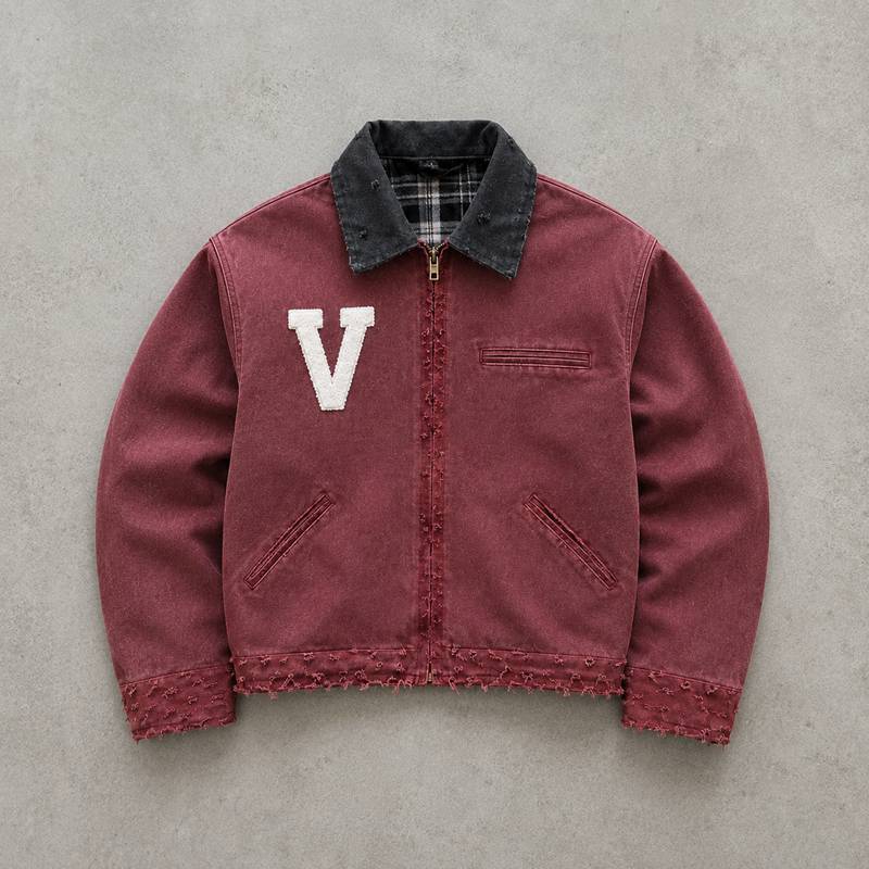 Custom Varsity Jacket in Washed Burgundy Canvas with Chenille Patch