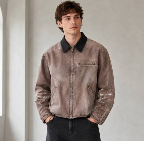 Custom Bomber Jacket in Washed Brown Canvas with Contrast Collar