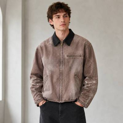 Custom Bomber Jacket in Washed Brown Canvas with Contrast Collar